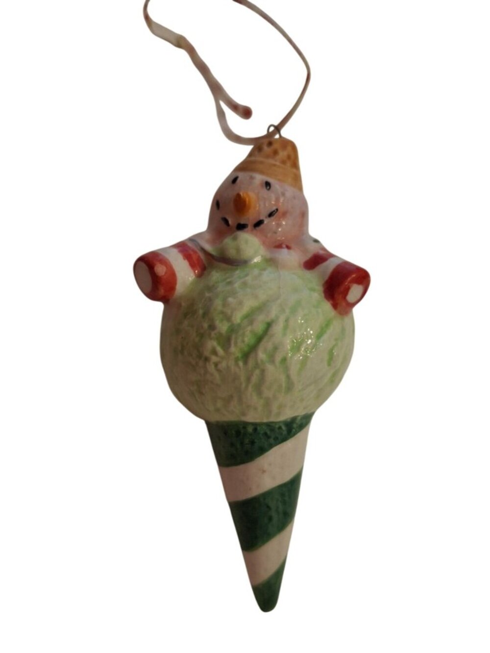 Vintage Snowman Ice Cream Cone Christmas Ornament Ceramic Holiday Tree Decor